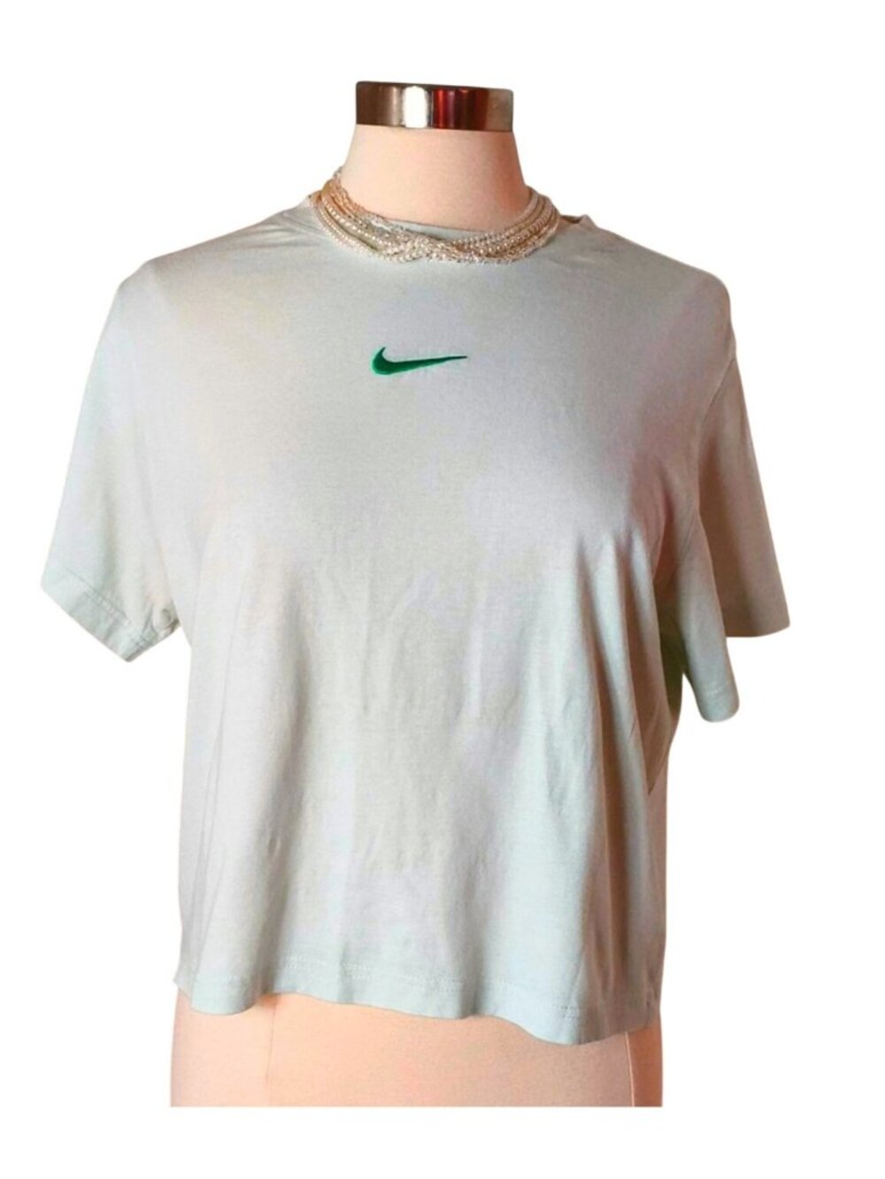 Nike Womens XL Cropped Tee Mint Green Embroidered Swoosh Logo Casual Top